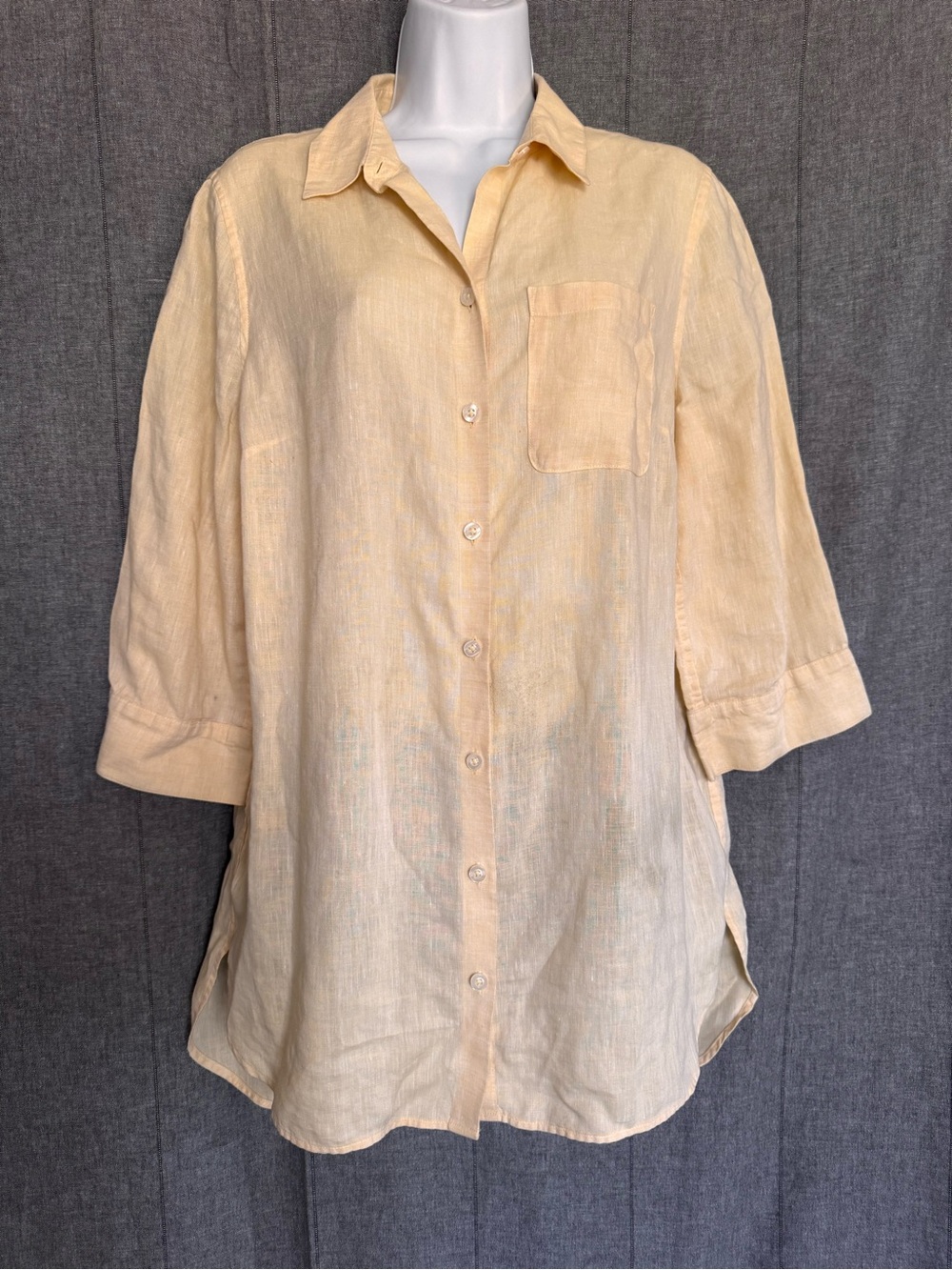 Chicos Womens Linen Top No Iron 3/4 Sleeve Yellow Blouse Size 1 (med) Button Up